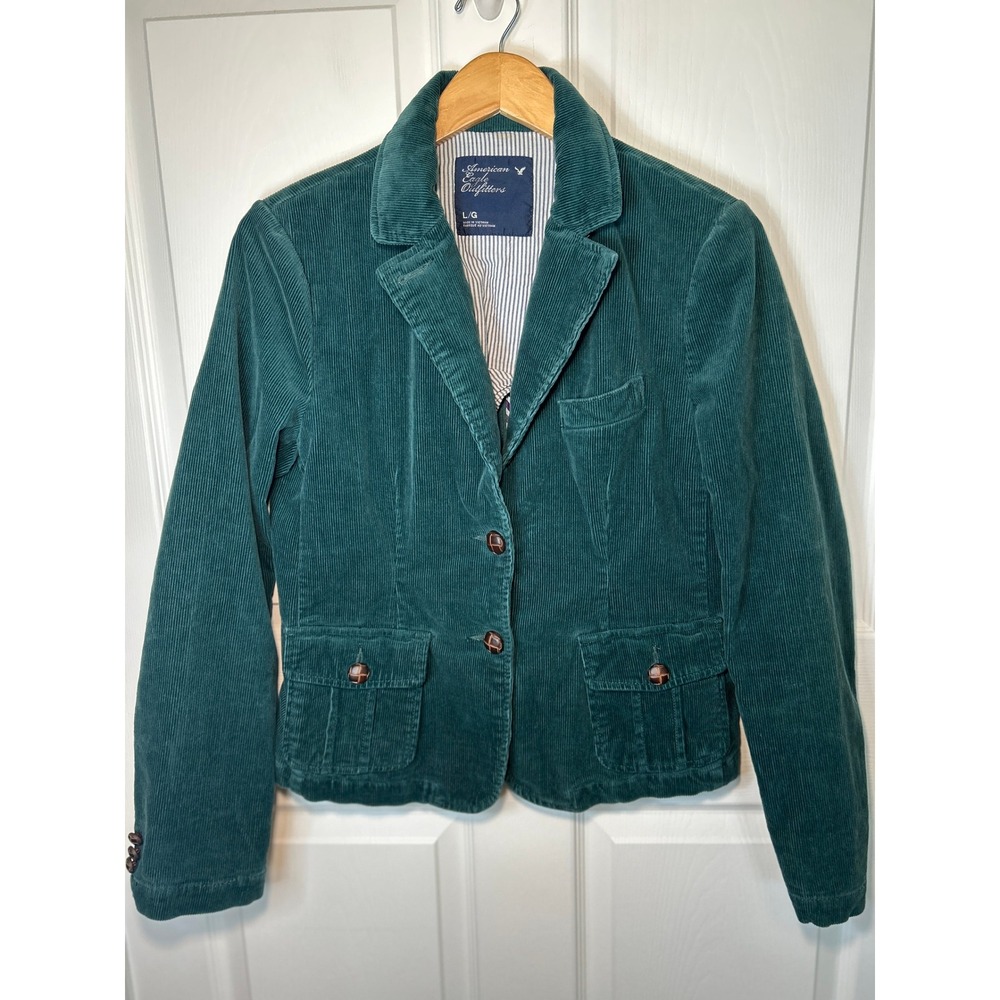 Vintage American Eagle Corduroy Blazer Teal Green Button Front Pockets Women L